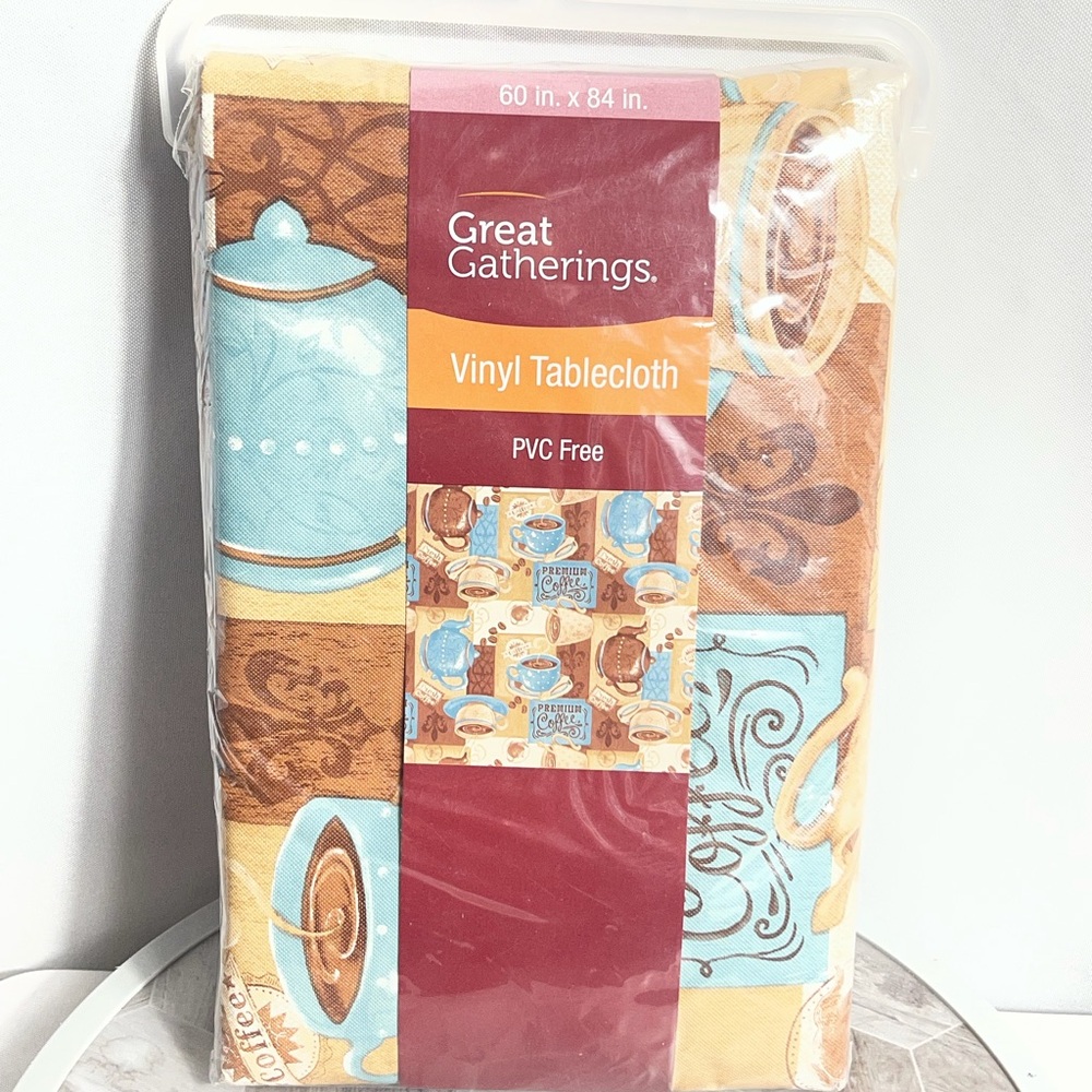 Great Gatherings Coffee Print Vinyl Tablecloth 60x84 PVC Free Kitchen Decor